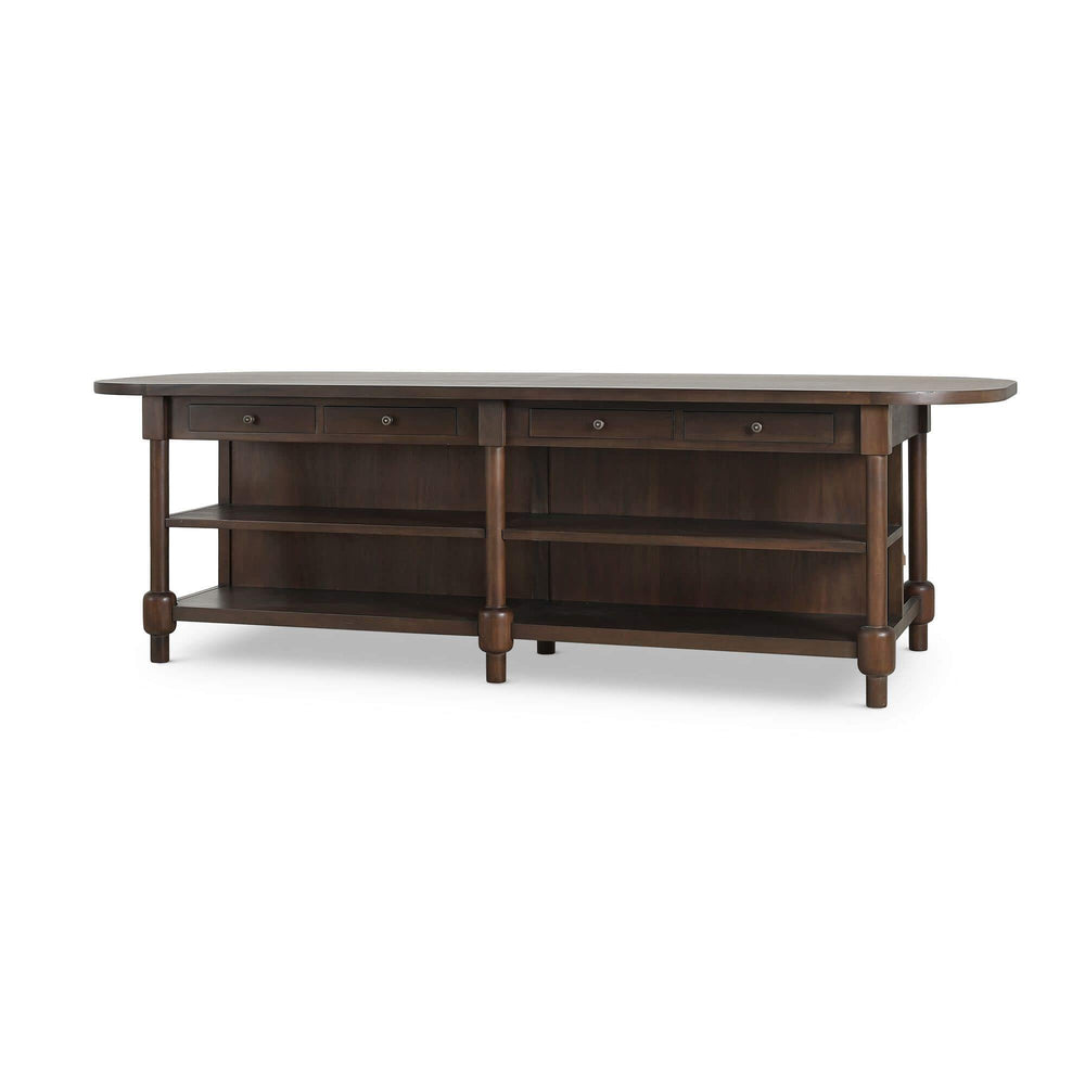 Farmhouse Kitchen Island with Open Shelving and Rounded Ends