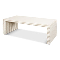 Long stacked-plank cocktail table in antique white reclaimed pine with ribbed end supports