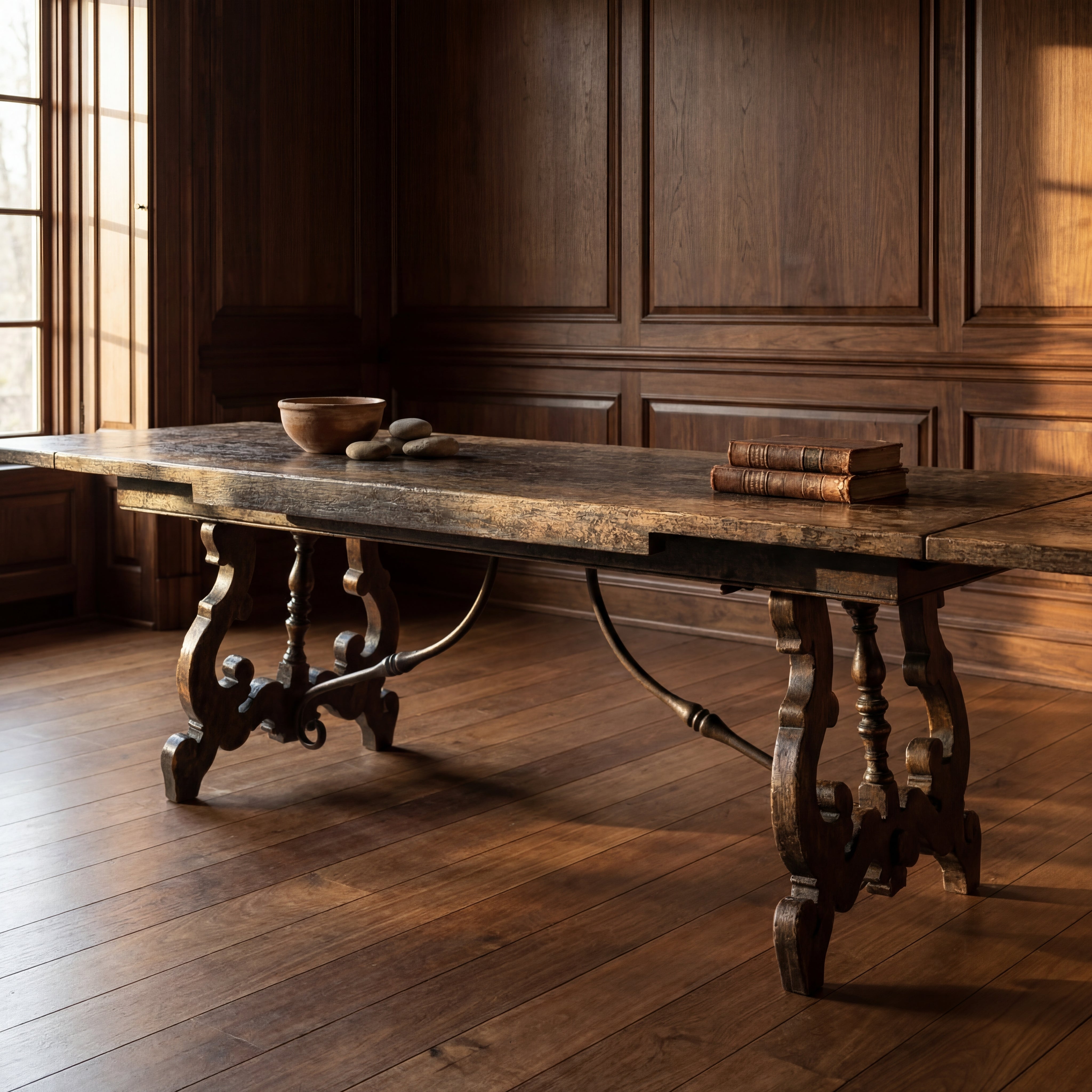 Rustic trestle dining table in wood-paneled room