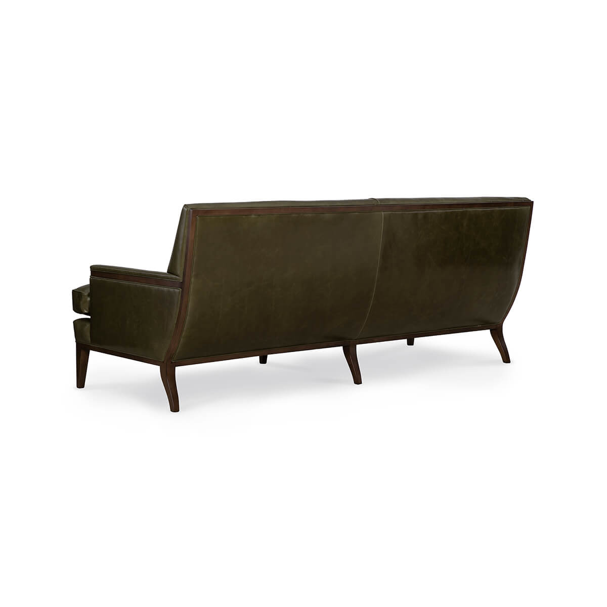 Olive green mid century leather sofa, back perspective view.
