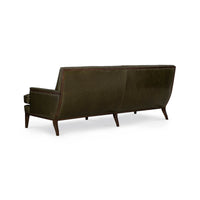 Olive green mid century leather sofa, back perspective view.