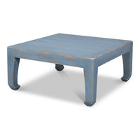 Asian-inspired square cocktail table with curved splayed legs in distressed blue lacquer finish