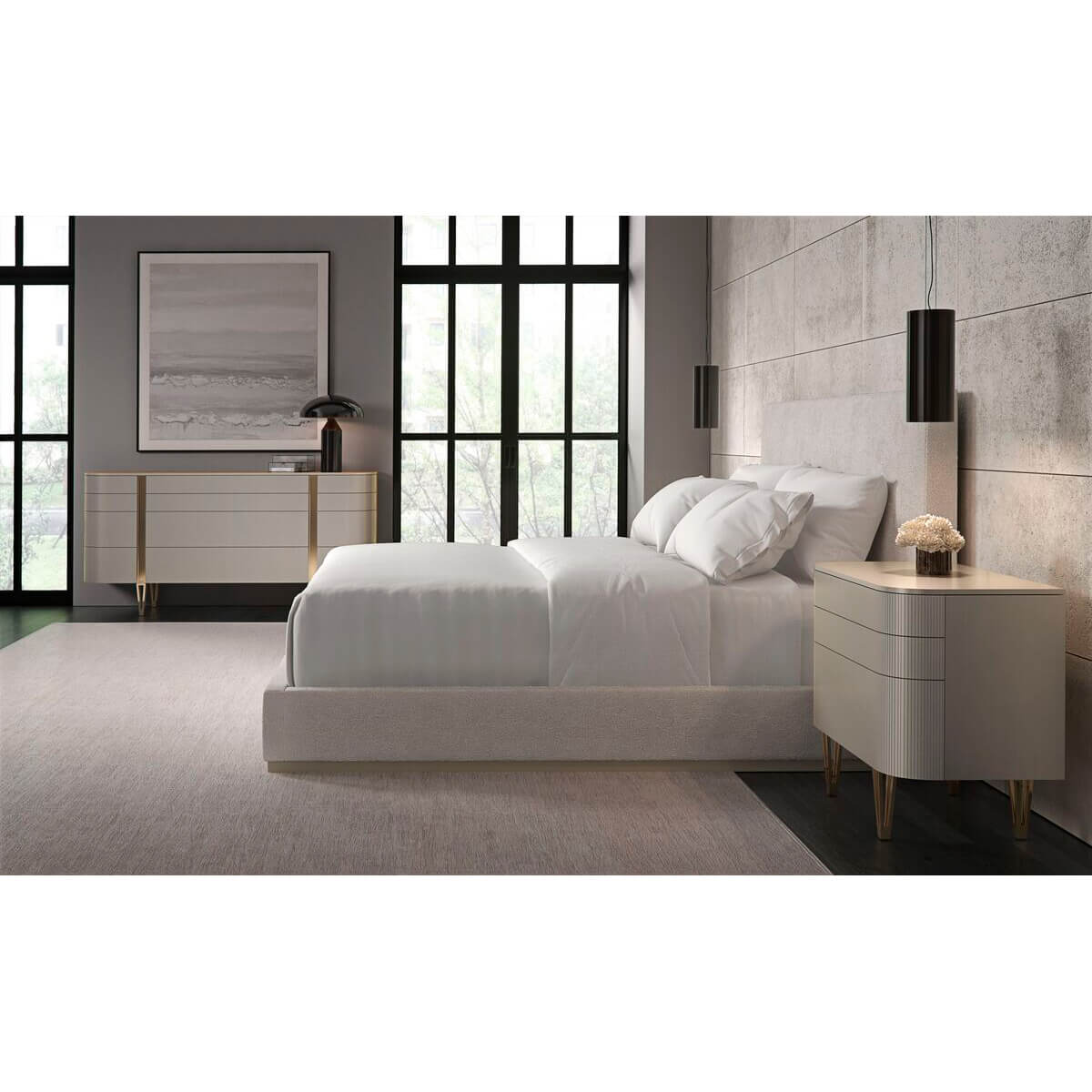 Bedroom showcasing modern painted dresser with bed.