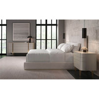 Bedroom showcasing modern painted dresser with bed.