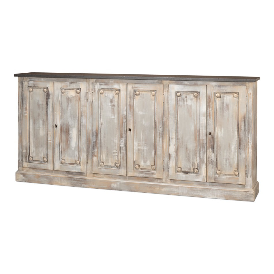 French Country Sideboard, 96" – Grey Oak with Stone Grey Top – styled view
