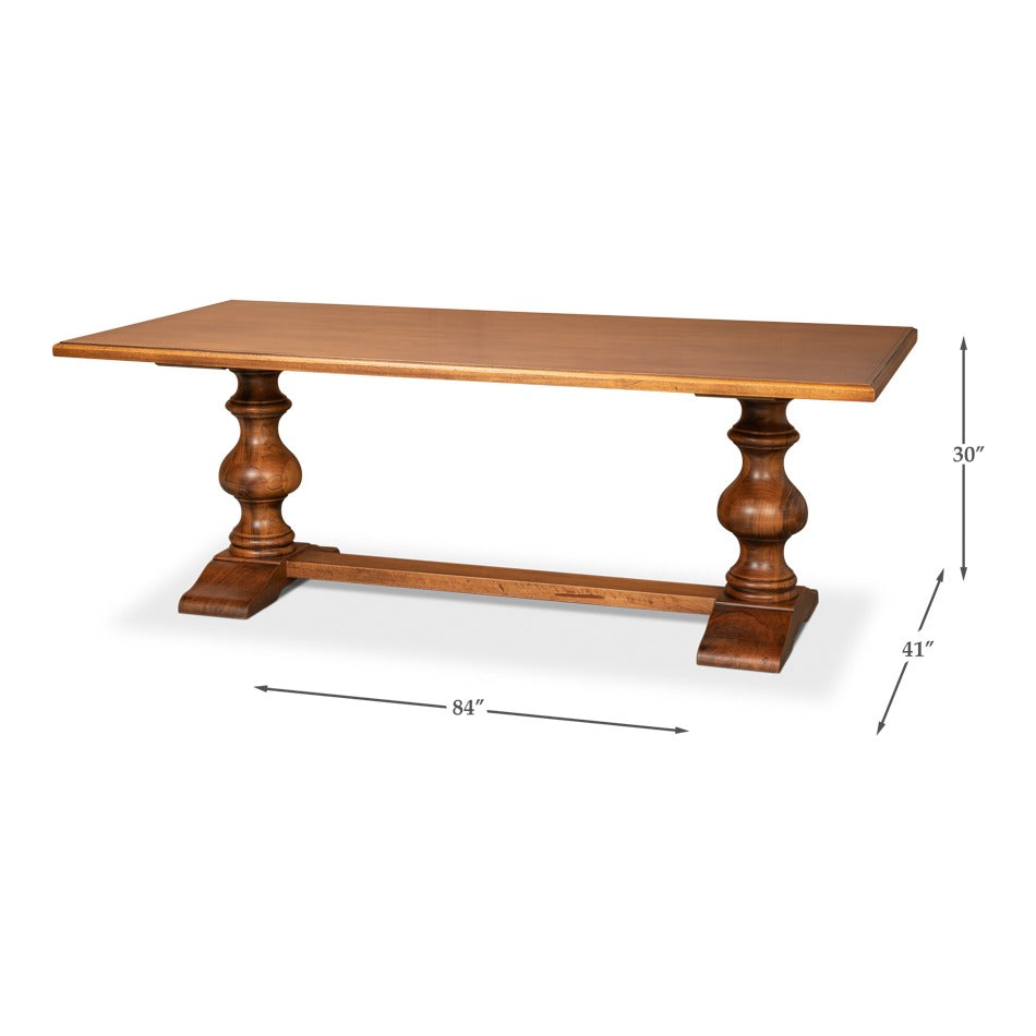 Antiqued Italian Trestle Dining Table, 84" - Turned Pedestal Base - dimension drawing