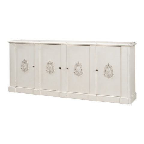 French Provincial White Wall Cabinet with Carved Crest Appliqués