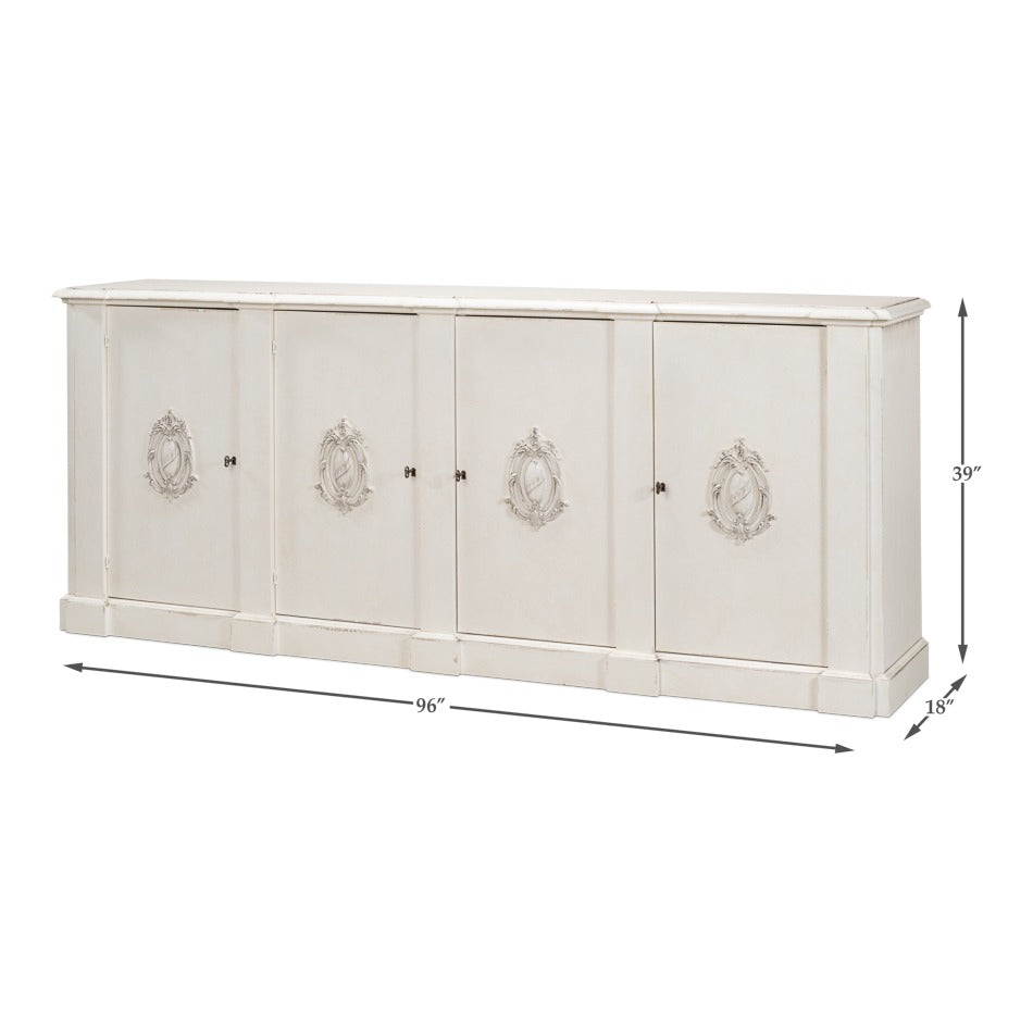 French Provincial White Wall Cabinet with Carved Crest Appliqués - dimension drawing
