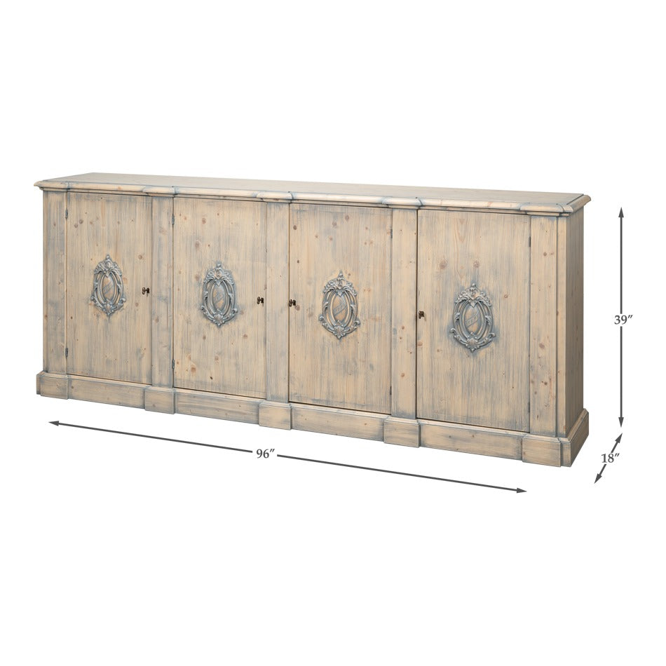 French Provincial Wall Cabinet with Carved Crest Medallions - dimension drawing