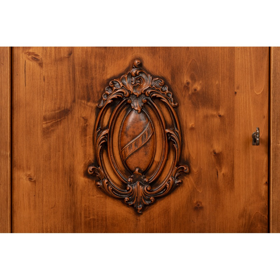 French Provincial Wall Cabinet - Antiqued Walnut with Carved Crest Medallions - additional view