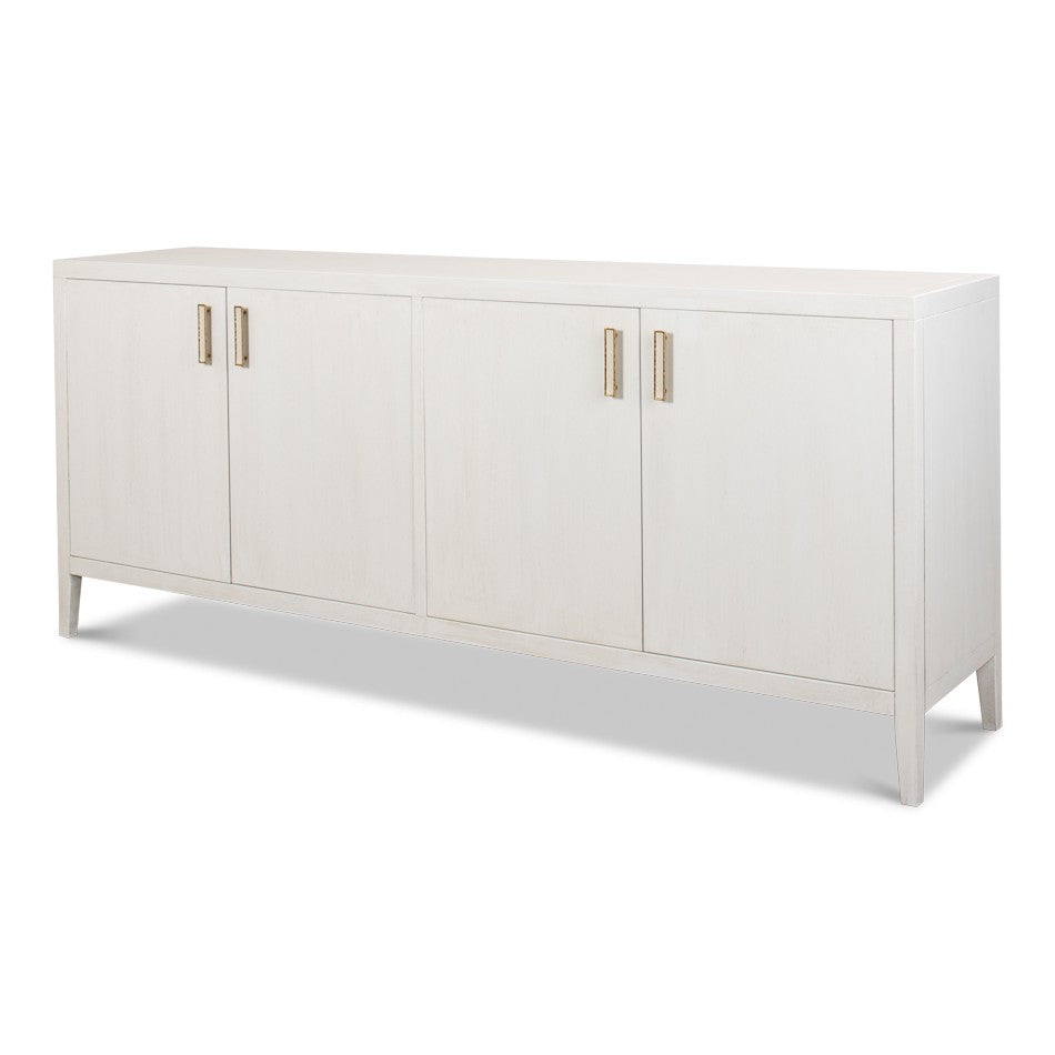 White sideboard in Cortina White with brass-toned vertical handles