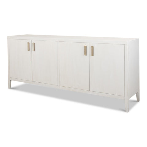 Modern White Four-Door Buffet with Brass Pulls, 80 Inches
