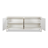 Open-door view showing adjustable shelves inside the white sideboard