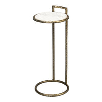 round marble-top end table in white with hammered iron pedestal base