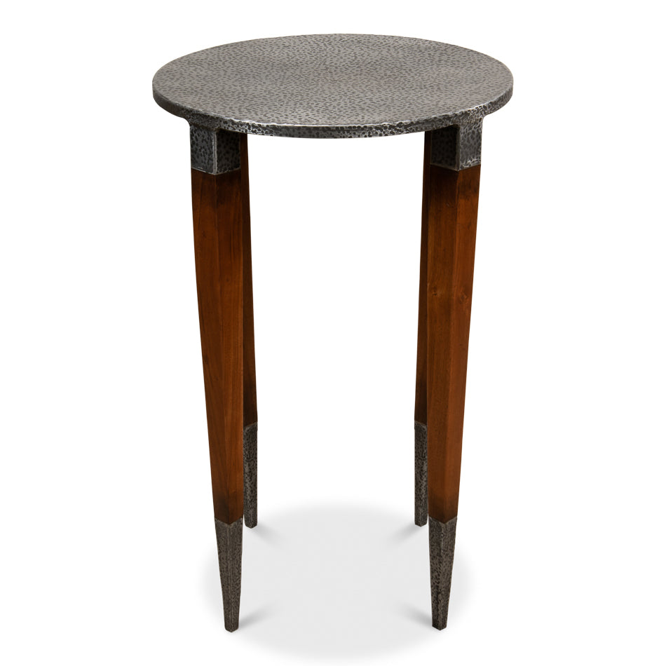 Round Drink Table in Walnut with Old-Iron Textured Top