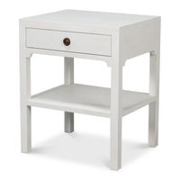 transitional single-drawer side table in soft white finish with open lower shelf and dark round knob