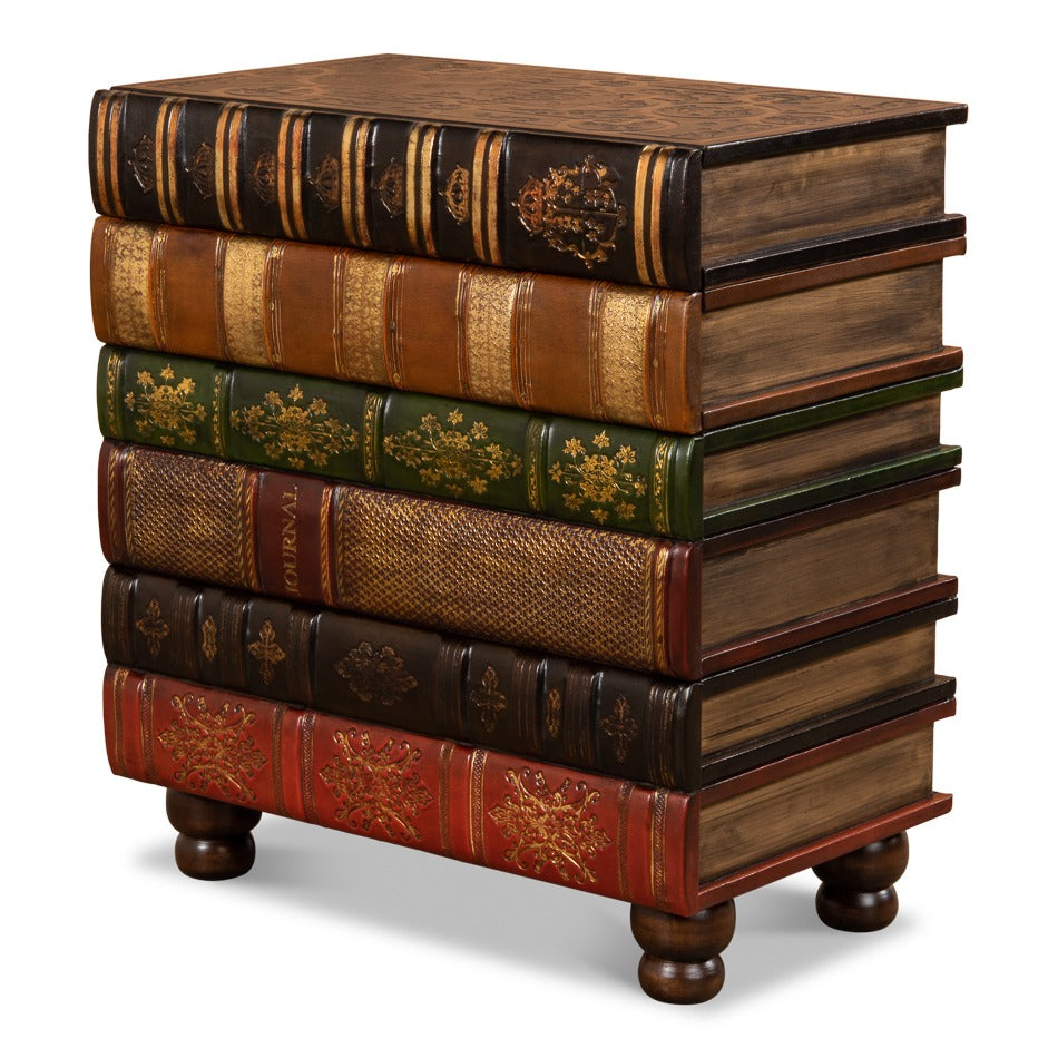 Small chairside chest in hand-painted leather styled as a stack of antique faux books with gilt and tooling