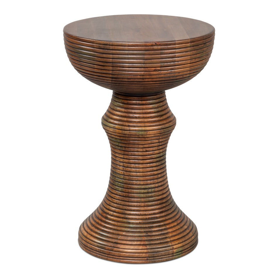 Reeded mango wood pedestal end table in brown finish