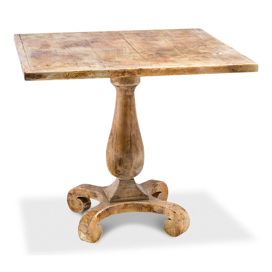 traditional square bistro table with a honey-amber antique oak top and a turned baluster pedestal base on curved cabriole legs