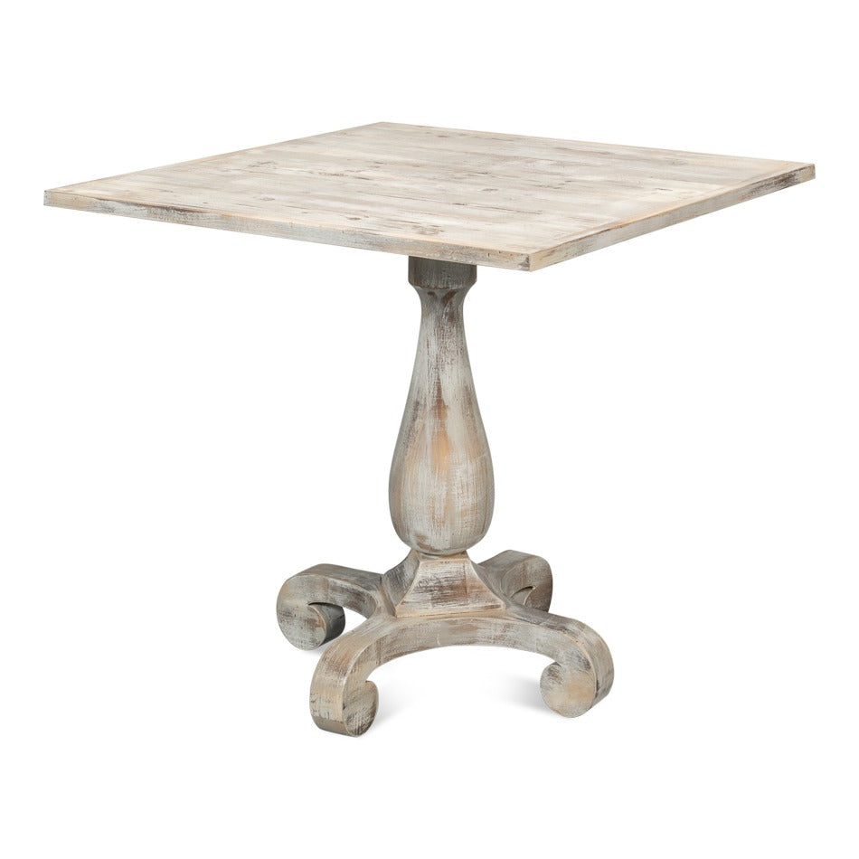 traditional square bistro table with a soft gray oak top and a turned baluster pedestal base on curved cabriole legs