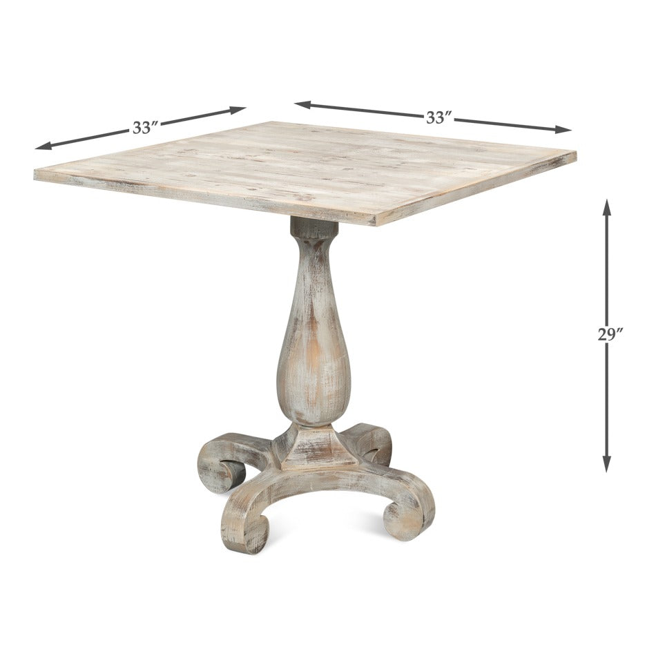 Traditional Bistro Table, 33" Square – Gray Oak Turned Pedestal Base - dimension drawing