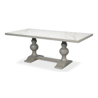 Rectangular dining table with white and grey porcelain Calacatta top on a grey turned trestle base with plinth feet