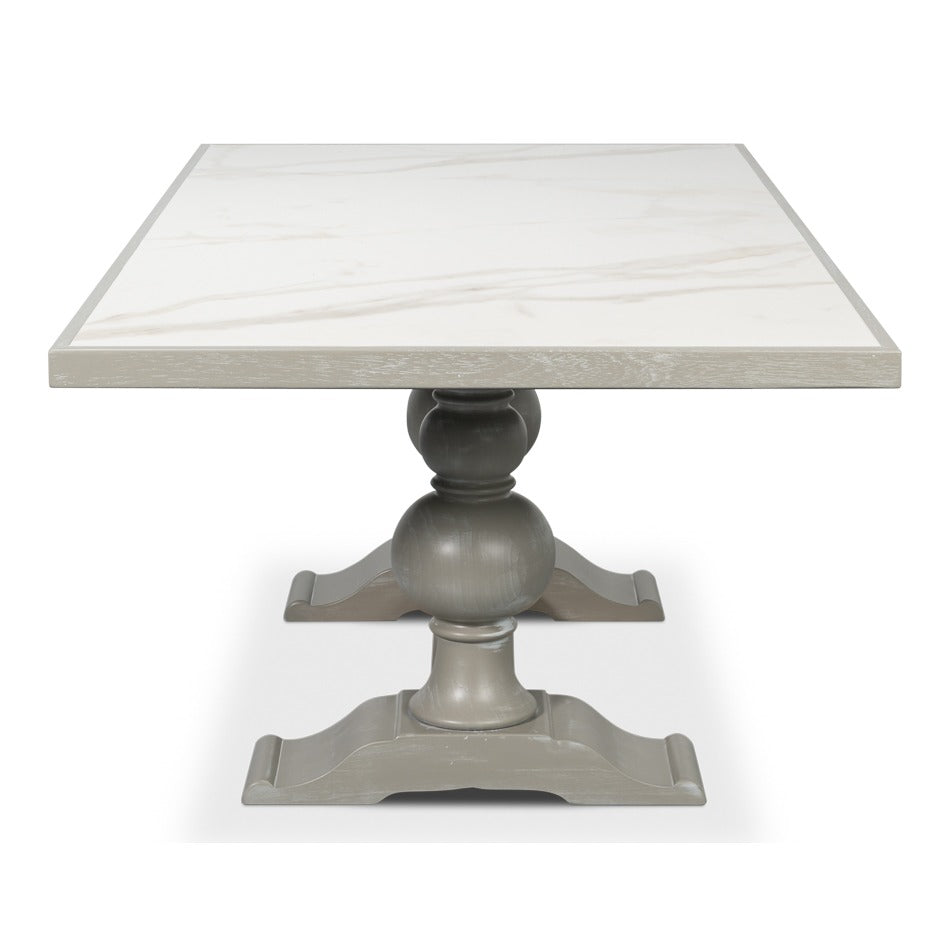 Transitional 81-Inch Dining Table with Porcelain Calacatta Top and Turned Trestle Base - additional view