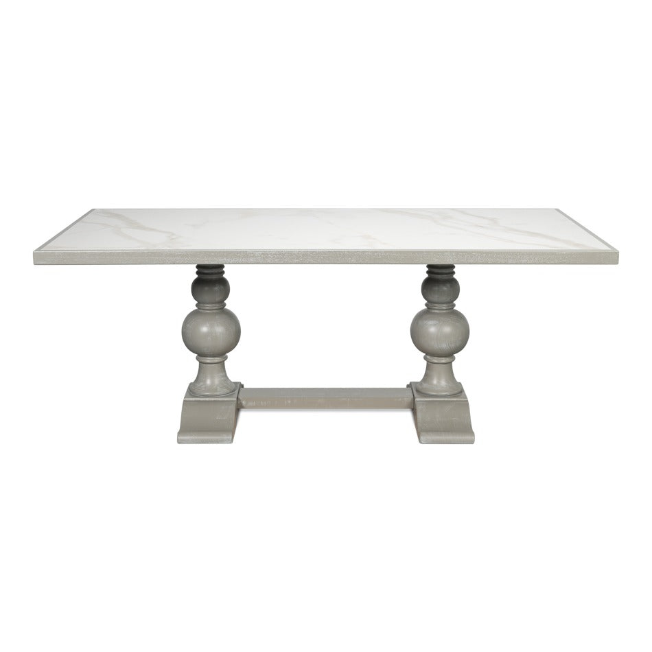 Transitional 81-Inch Dining Table with Porcelain Calacatta Top and Turned Trestle Base - additional view