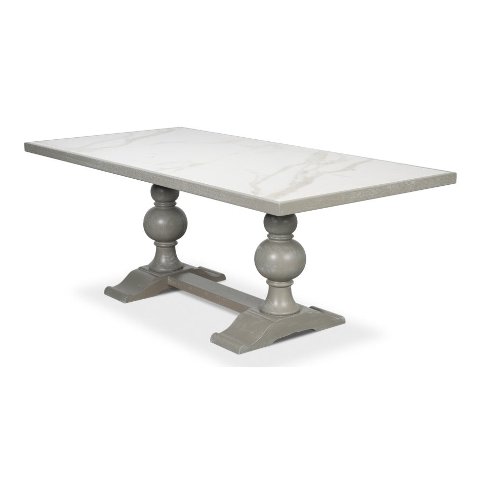 Transitional 81-Inch Dining Table with Porcelain Calacatta Top and Turned Trestle Base - additional view