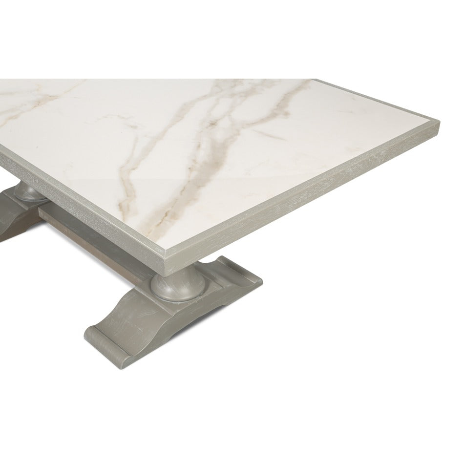 Transitional 81-Inch Dining Table with Porcelain Calacatta Top and Turned Trestle Base - additional view
