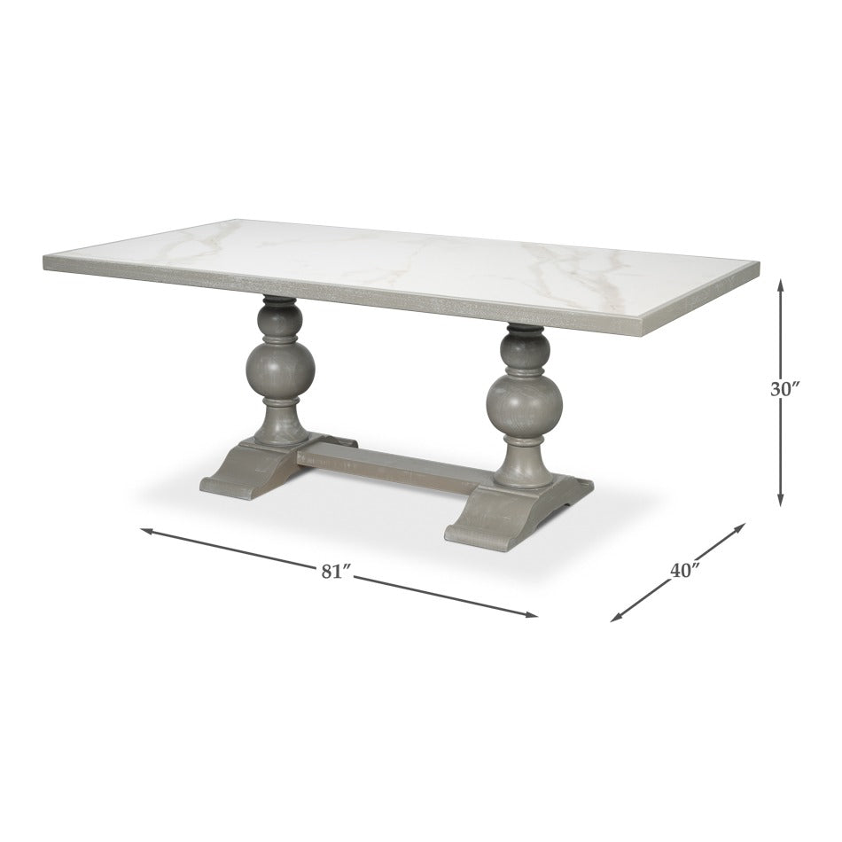 Transitional 81-Inch Dining Table with Porcelain Calacatta Top and Turned Trestle Base - dimension drawing