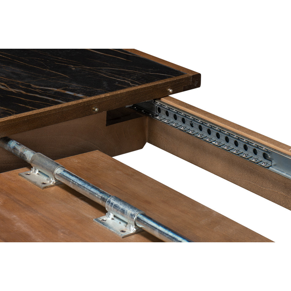 Neo Classic dining table extension mechanism close-up.