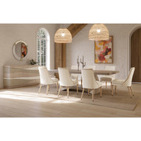 Elegant dining setup with multiple beige side chairs.