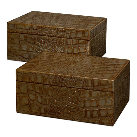 Croc Leather Box in Antique Green, Set of 2
