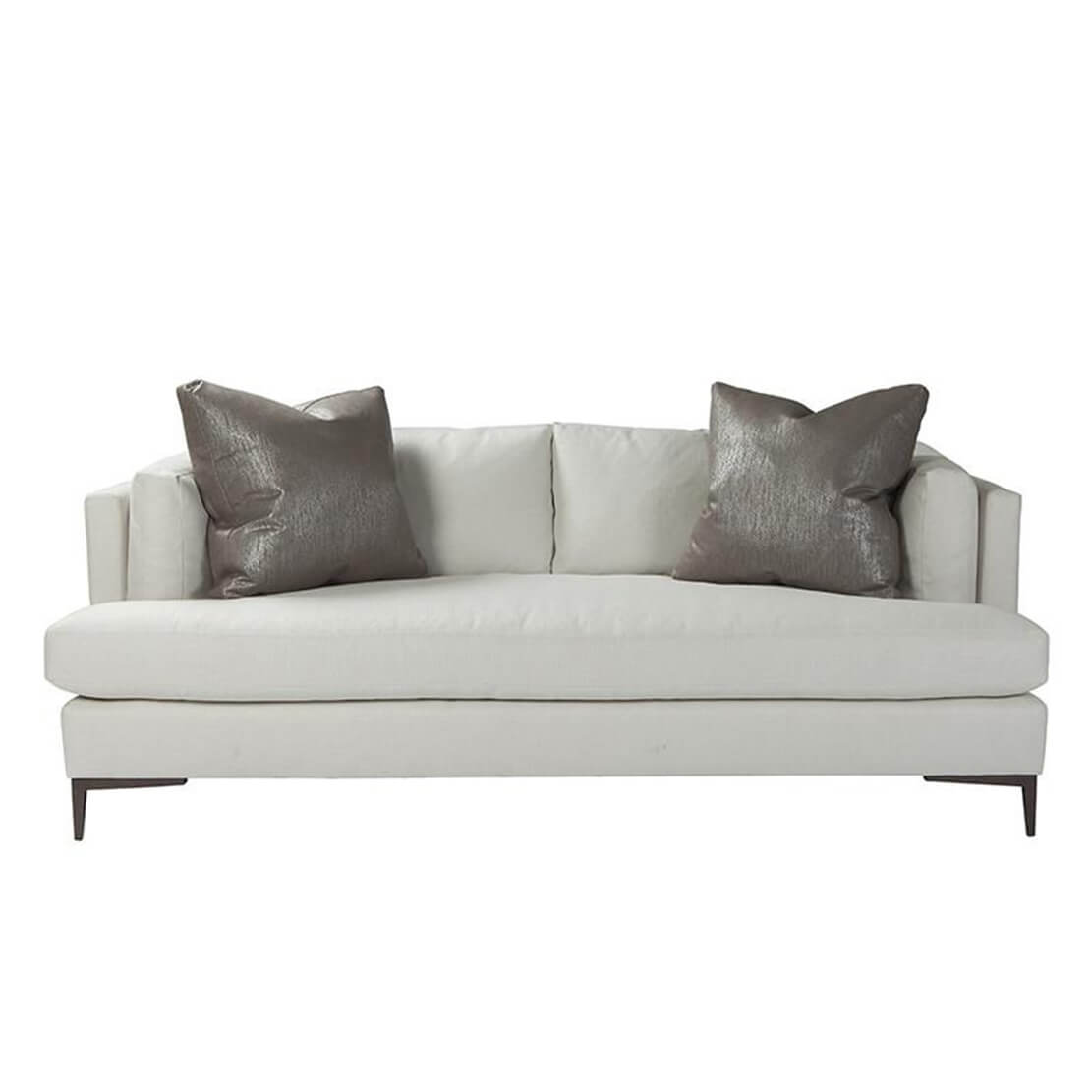 Modern sofa with pillows, front view.