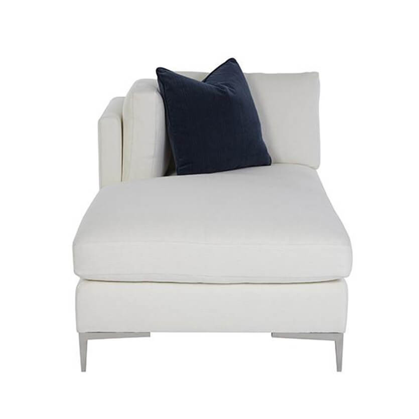 Front view of white chaise and dark accent pillow.