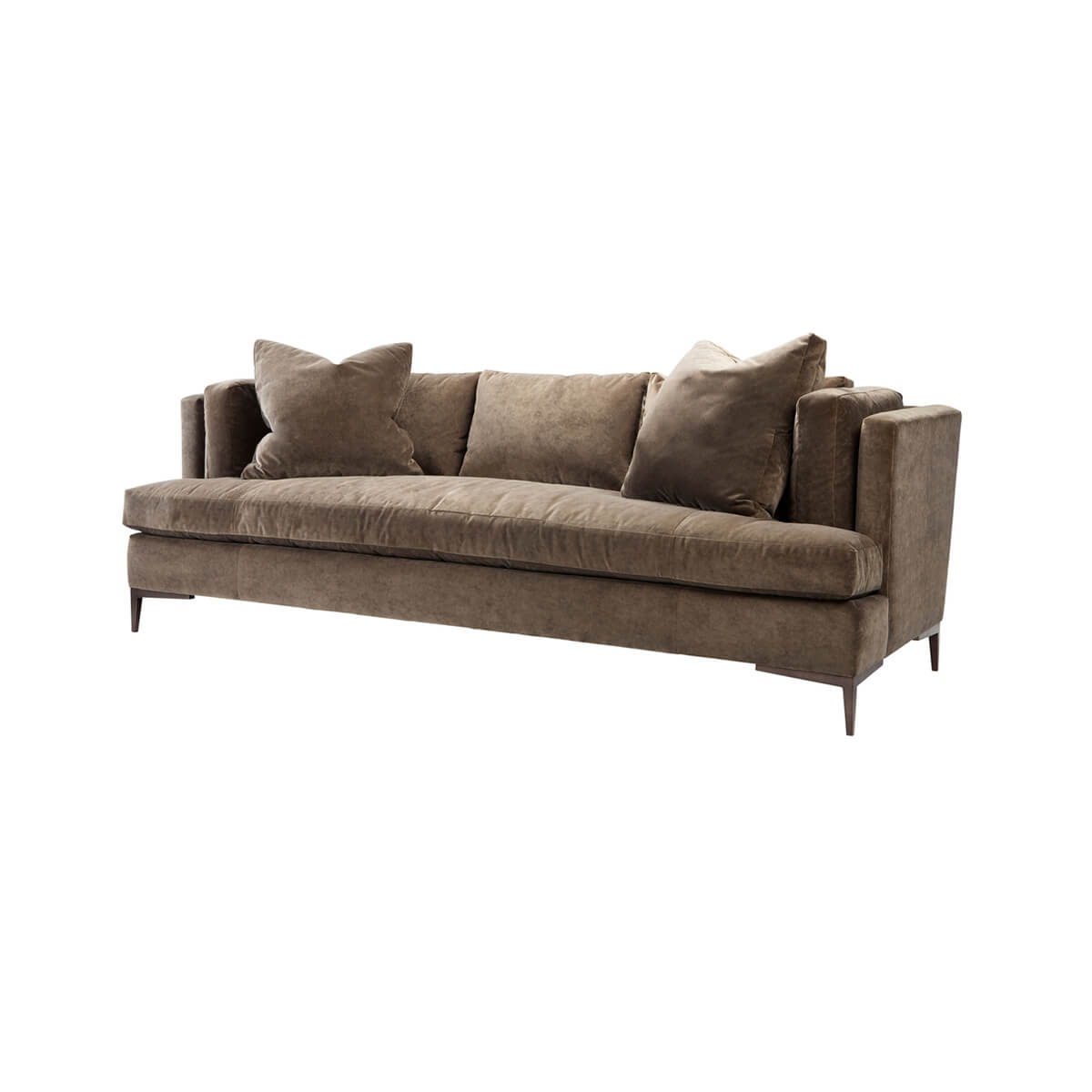 Angled view of brown Aiden Modern Sofa with cushions.