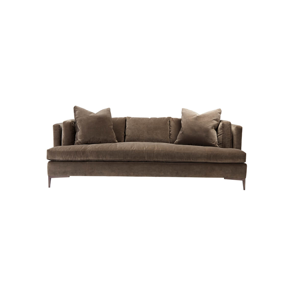 Front view of brown Aiden Modern Sofa with cushions.