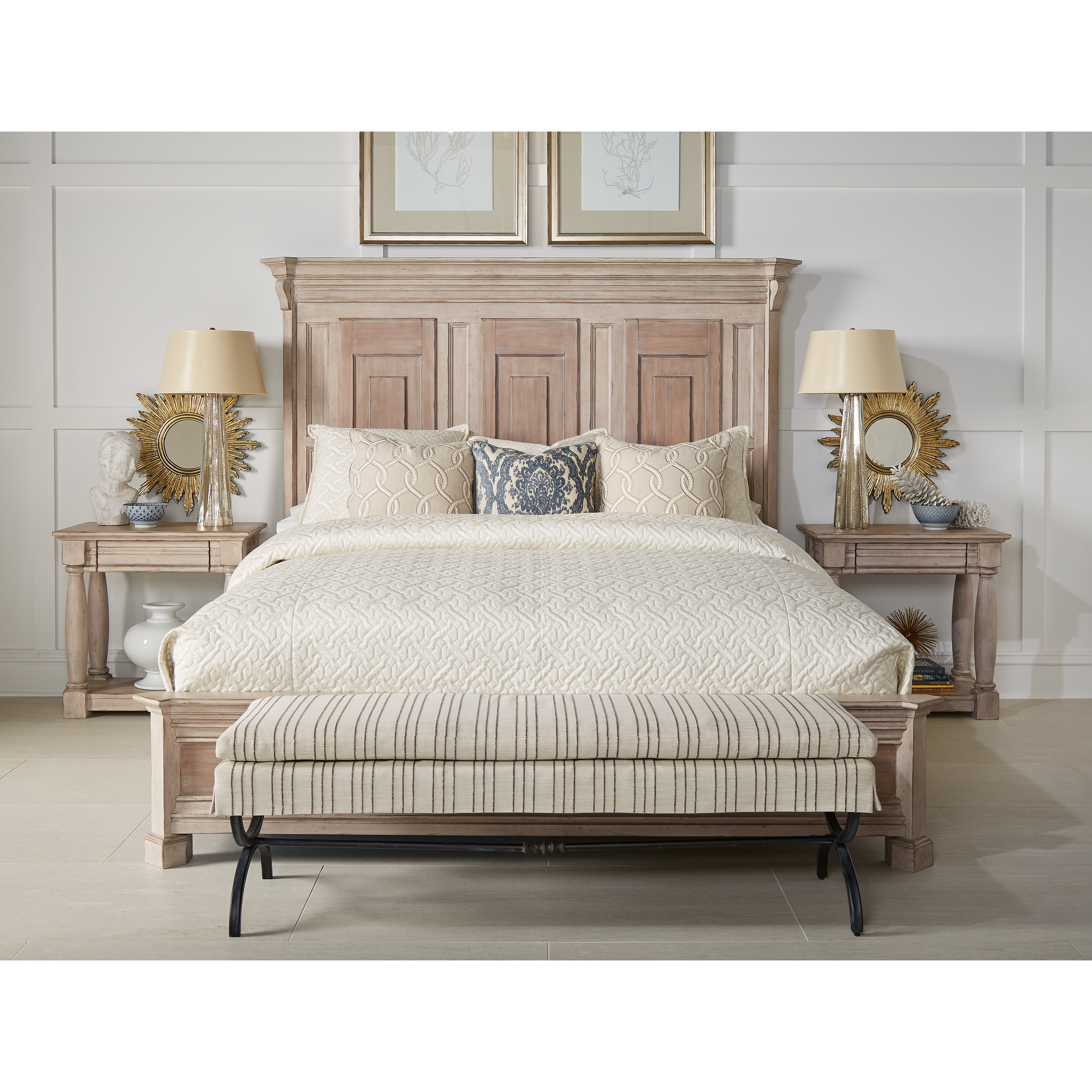 Charcoal bench placed at the foot of a bed