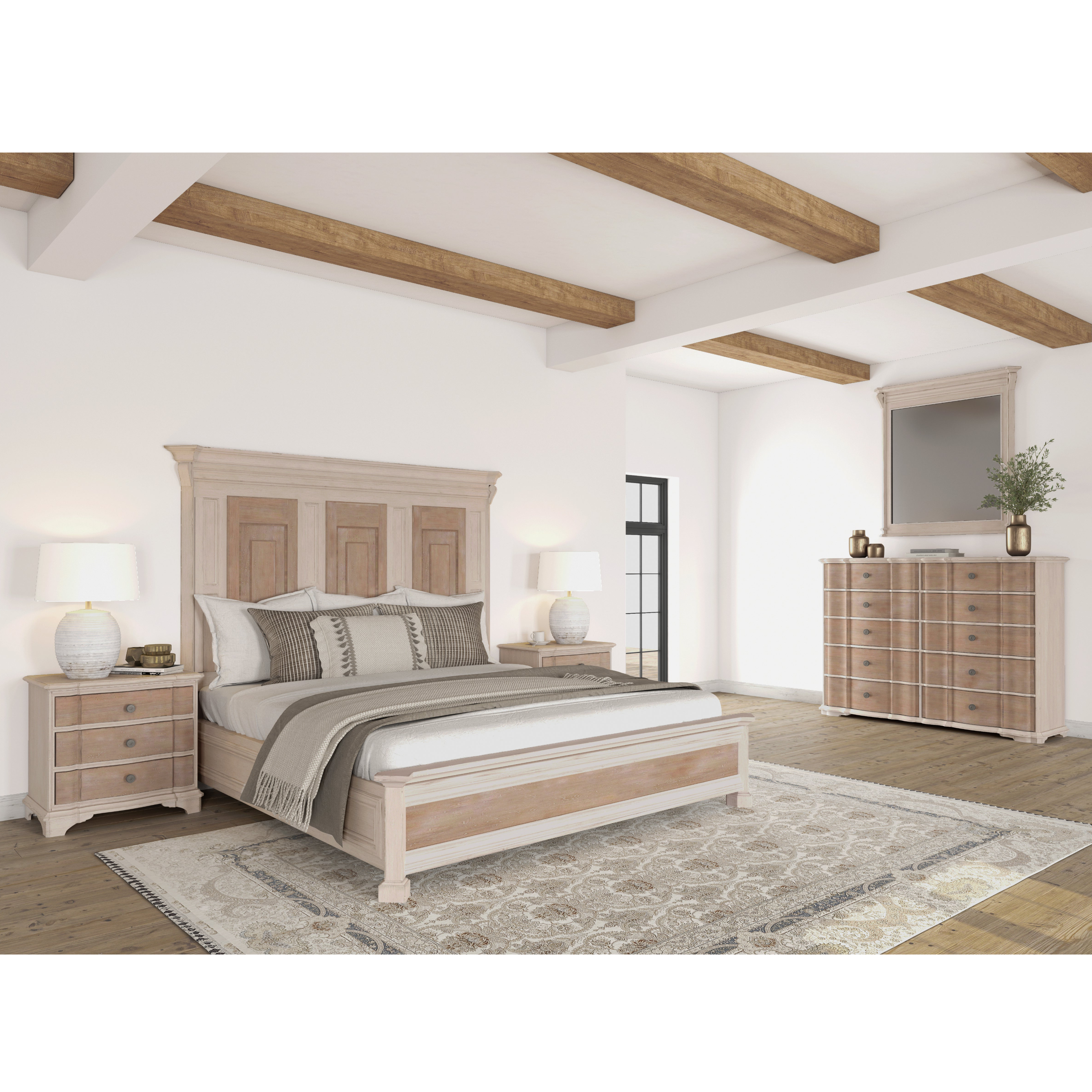 Matching bedroom case piece shown with bed and nightstands