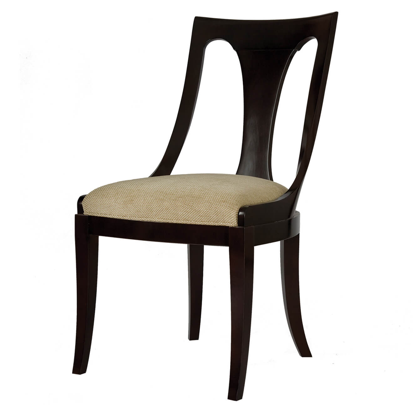 Sleek side chair with wood back and beige upholstery.