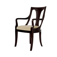 Elegant armchair with wooden frame and beige cushion seat.