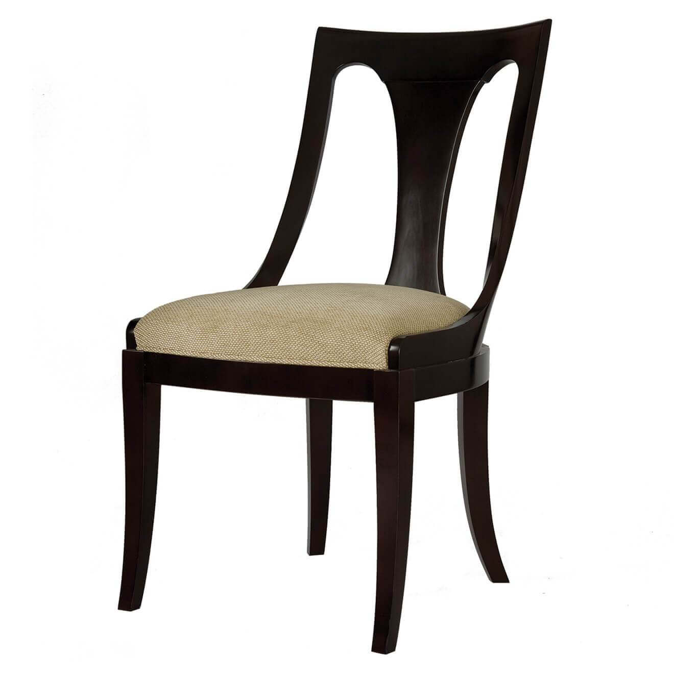 Elegant dark wood dining chair with beige seat.