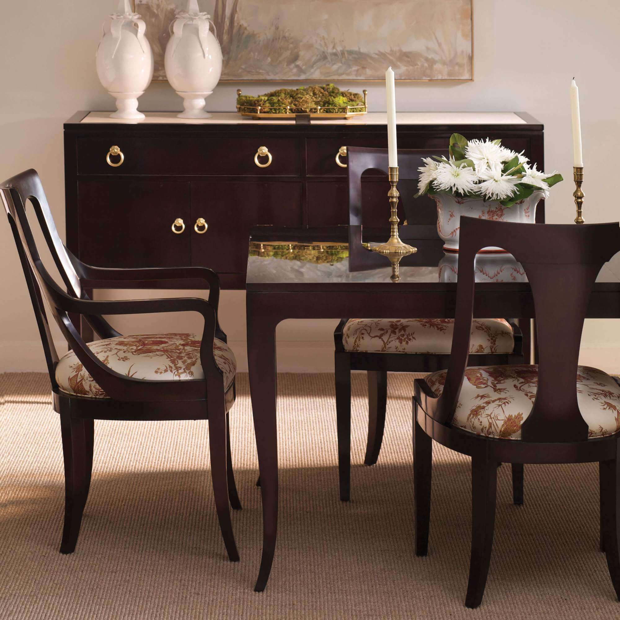 Dining chairs in elegant dining room setting.