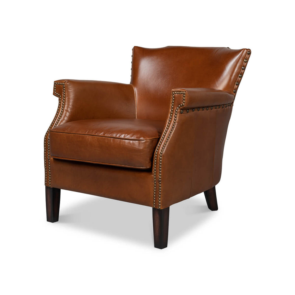 Leather armchair front view with nailhead trim.