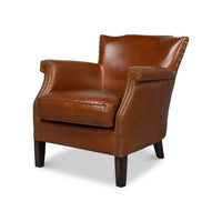 Leather armchair front view with nailhead trim.