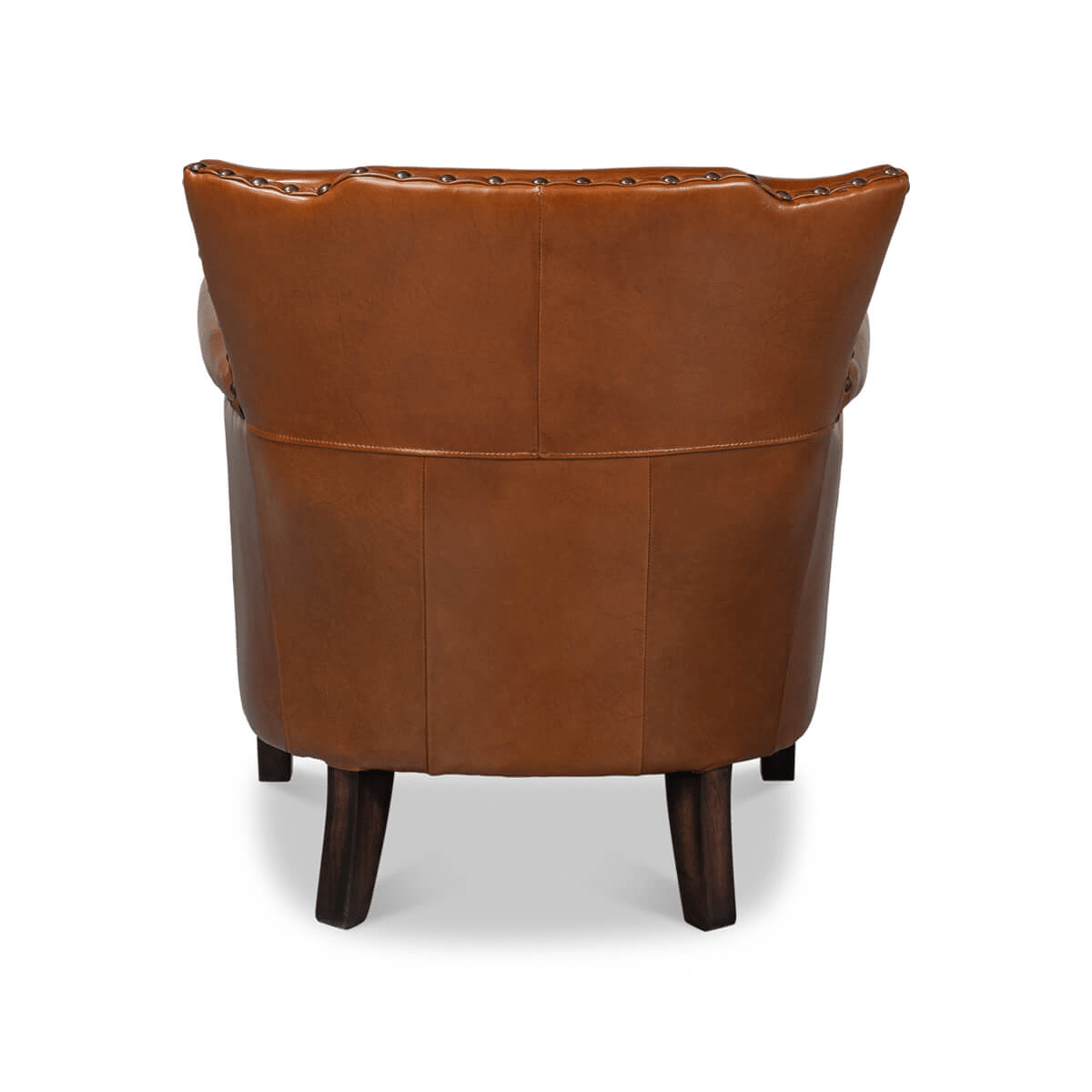 Leather armchair rear view showcasing elegant curves.