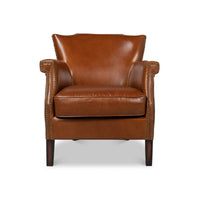 Leather armchair front view highlighting seat and armrests.