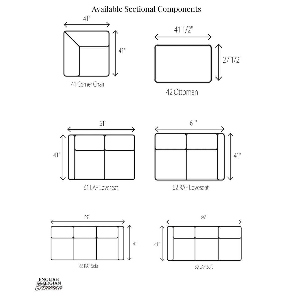 Sectional sofa dimension diagram with component illustrations.