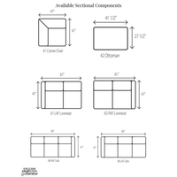 Sectional sofa dimension diagram with component illustrations.
